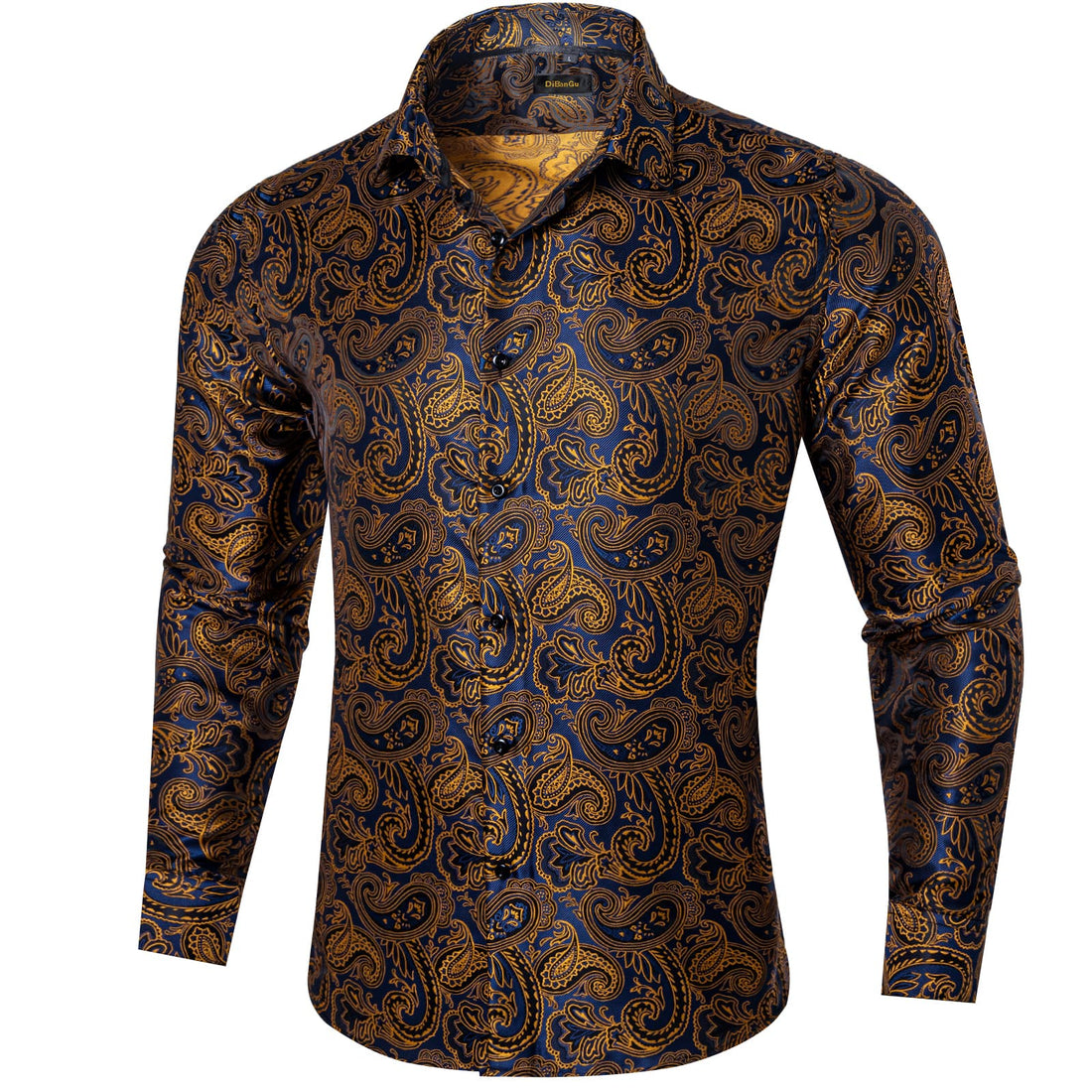 classic button down long sleeve silk mens paisley navy blue yellow shirt