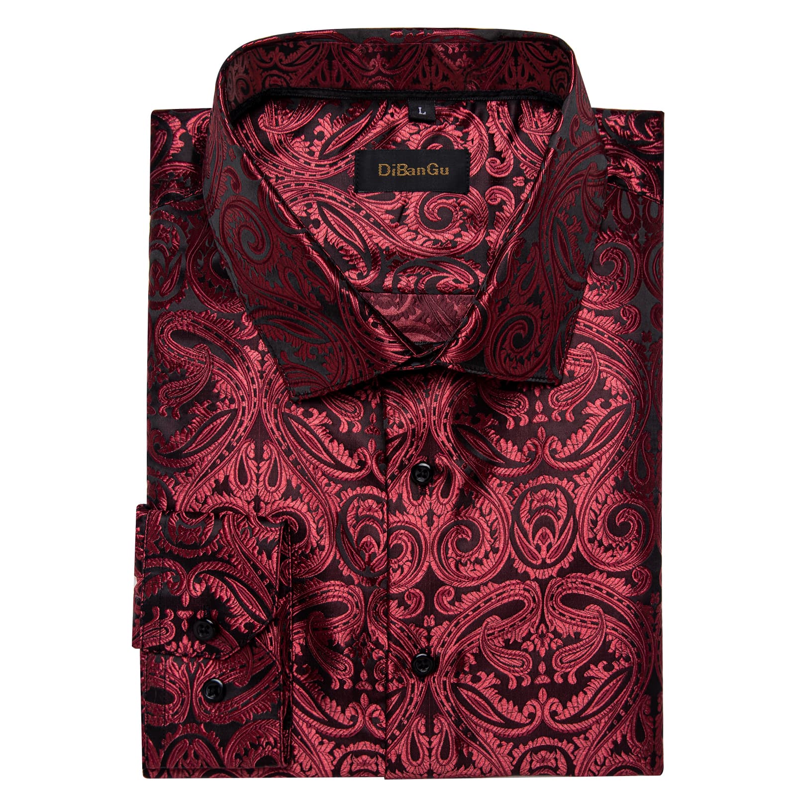 DiBanGu Men's Silk Paisley Dress Shirt - Woven Long Sleeve Button Down For Wedding/Party (Burgundy, Large)