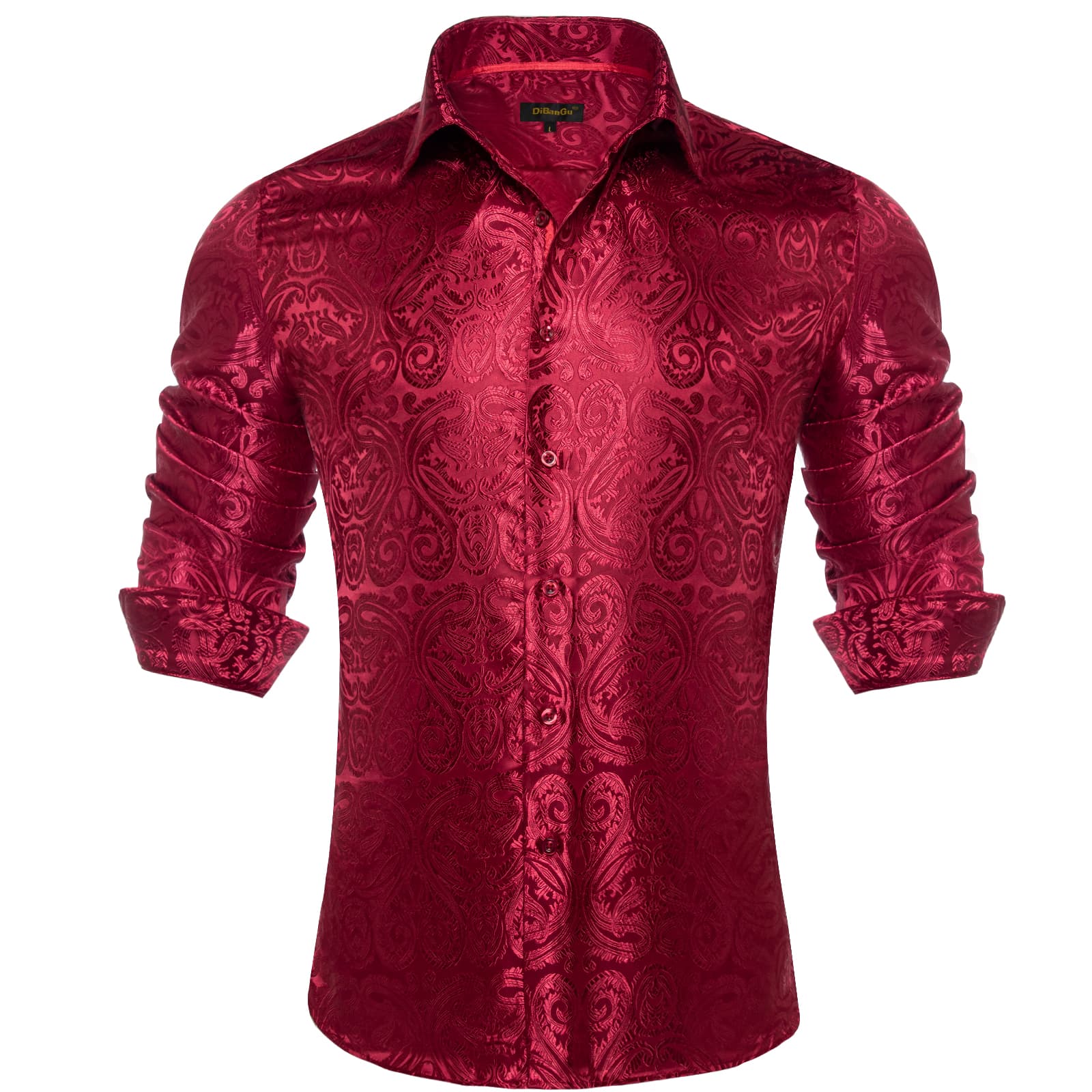 Dibangu Shirt for Men Burgundy Paisley Long Sleeve Silk Wedding Shirts – DiBanGuStore