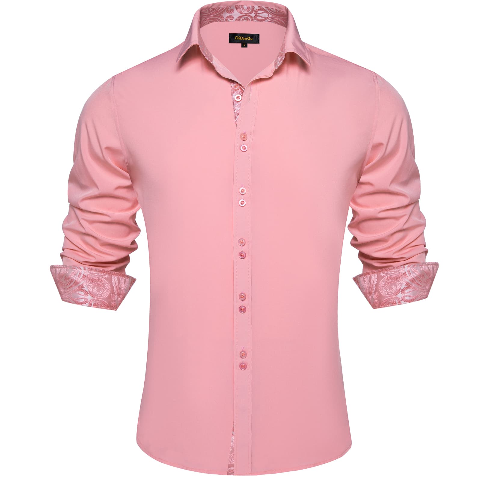 DiBanGu Mens Dress Shirt Solid Pink Splicing Silk Button Down Shirt