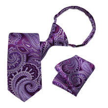 DiBanGu Kid's Tie Purple White Woven Paisley Silk Tie Handkerchief Set