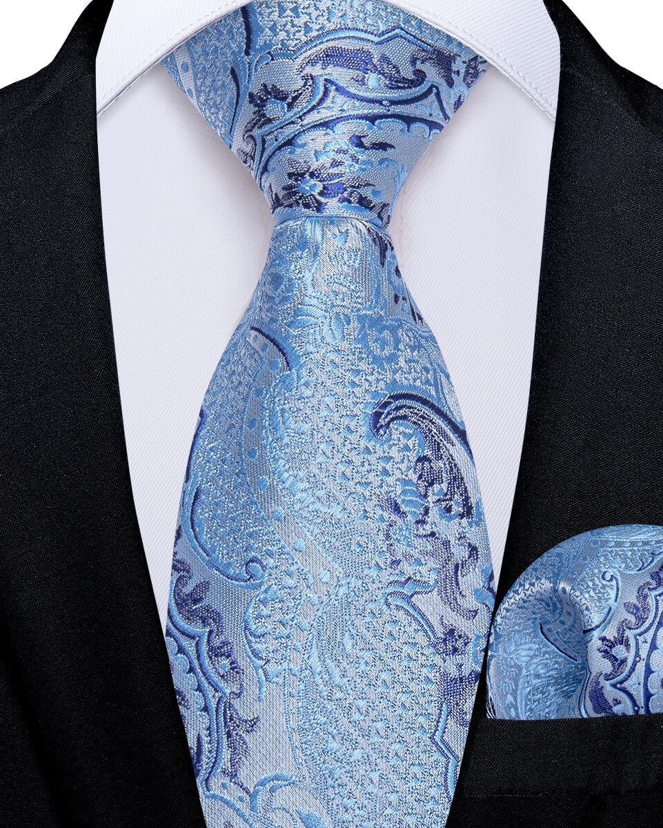 DiBanGu Kids Tie Blue Jacquard Woven Floral Silk Tie Pocket Square Set