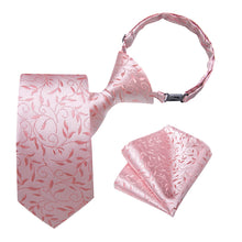 DiBanGu Kids Tie Light Pink Jacquard Floral Silk Tie Pocket Square Set