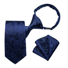 DiBanGu Kids Tie Dark Midnight-Blue Paisley Silk Tie Pocket Square Set