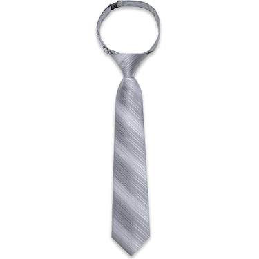 New Silver Grey Striped Silk Kid's Tie Pocket Square Set