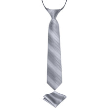 New Silver Grey Striped Silk Kid's Tie Pocket Square Set
