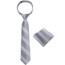 Silver Grey Striped Silk Kid's Tie Pocket Square Set