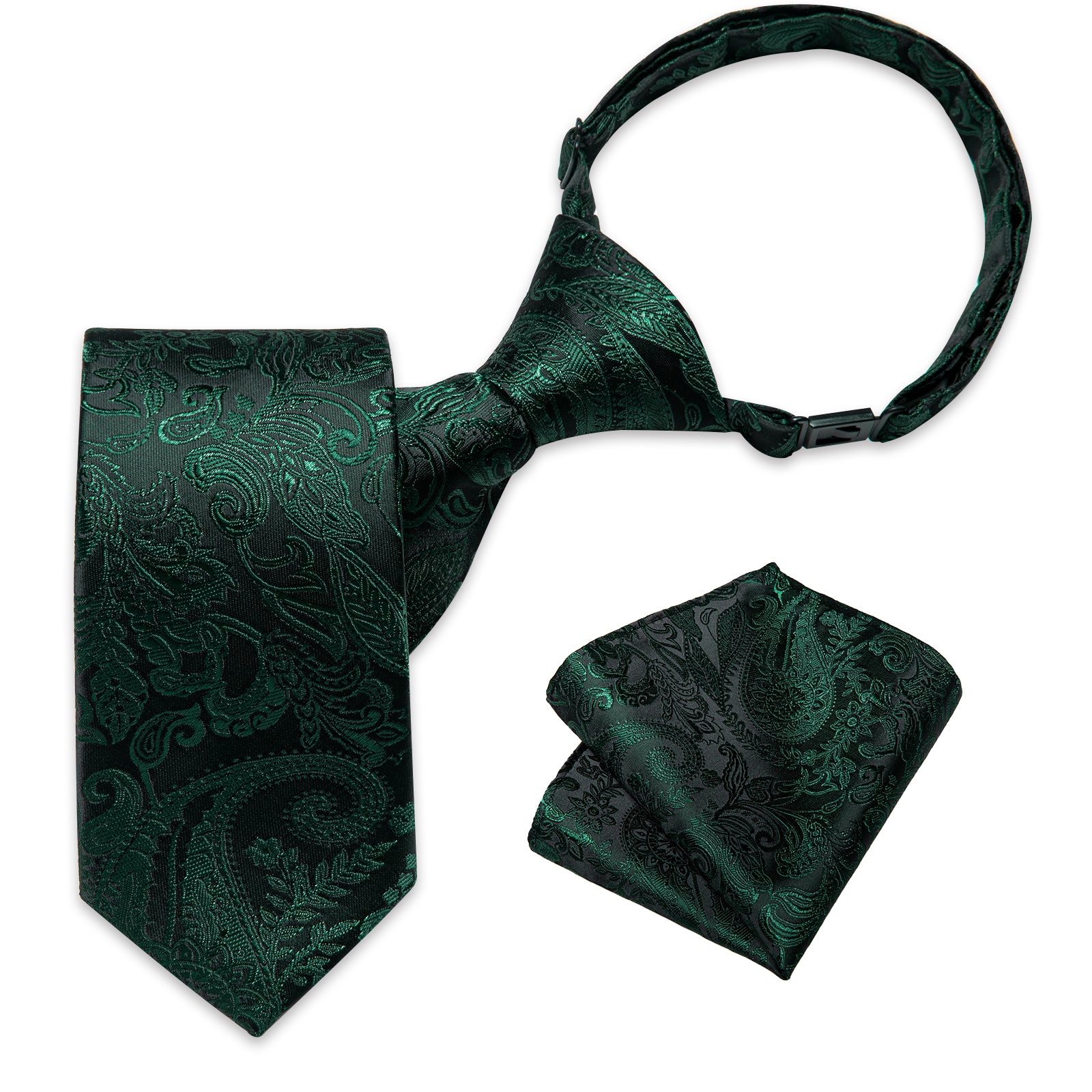 Black Green Floral Silk Kid's Tie Pocket Square Set
