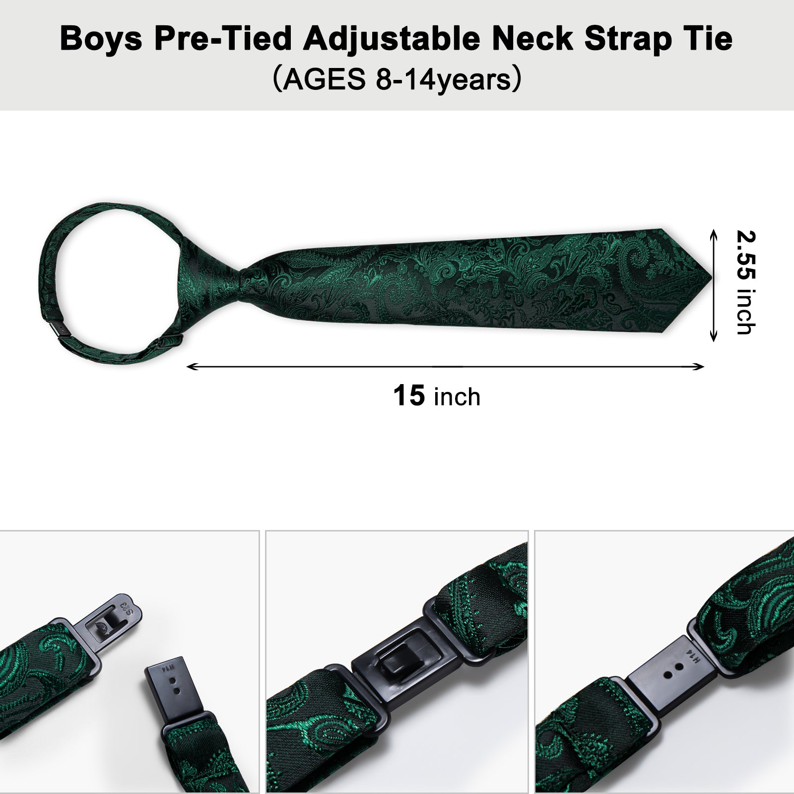 Black Green Floral Silk Kid's Tie Pocket Square Set