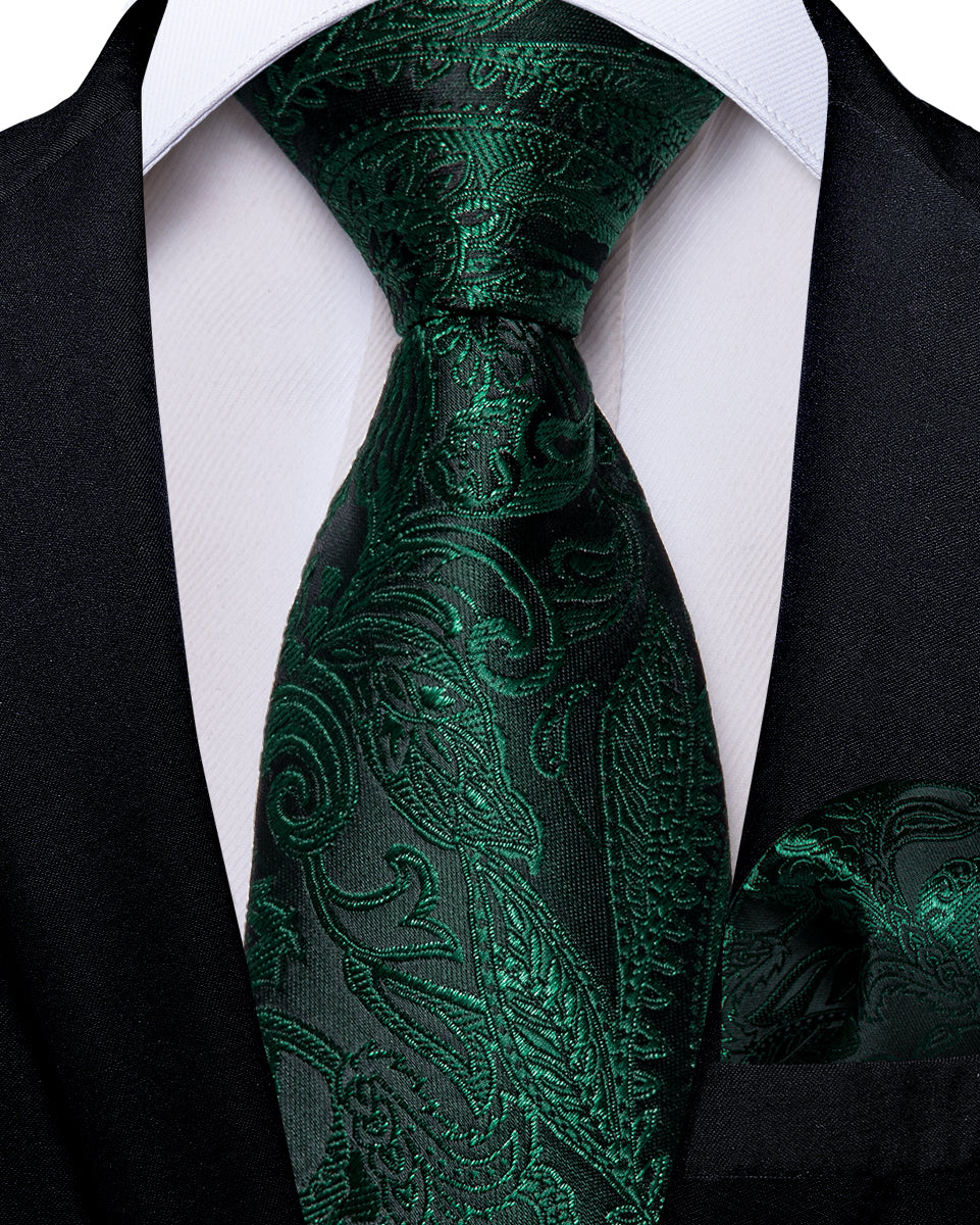 Black Green Floral Silk Kid's Tie Pocket Square Set