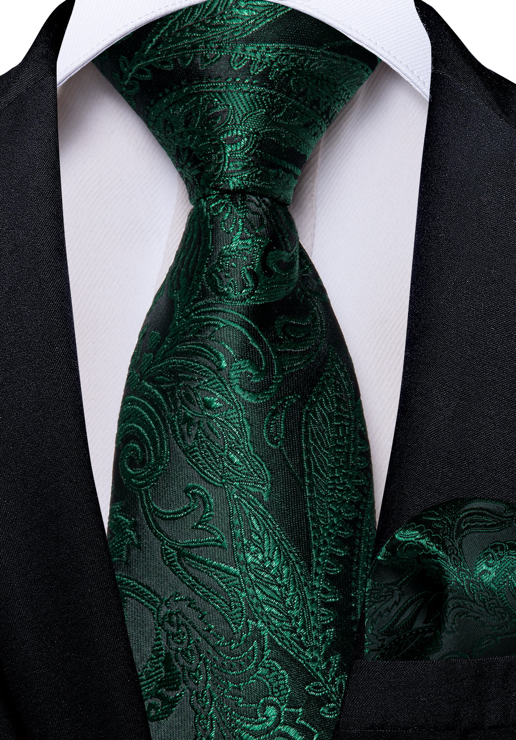 Black Green Floral Silk Kid's Tie Pocket Square Set