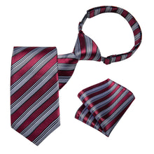 Grey Red Striped Silk Kid's Tie Pocket Square Set