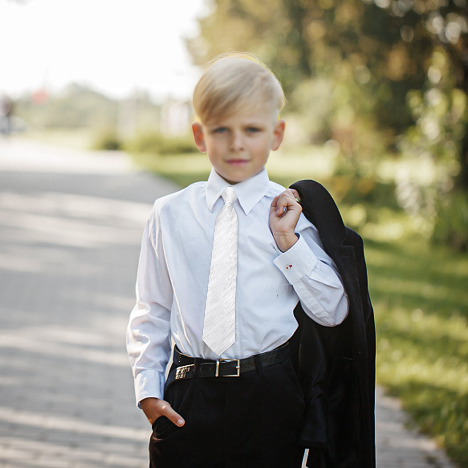White Striped Silk Kid's Tie Pocket Square Set