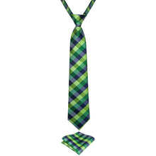 Green Blue Plaid Silk Kid's Tie Pocket Square Set