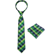 Green Blue Plaid Silk Kid's Tie Pocket Square Set