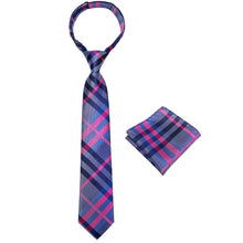 Blue Pink Striped Silk Kid's Tie Pocket Square Set