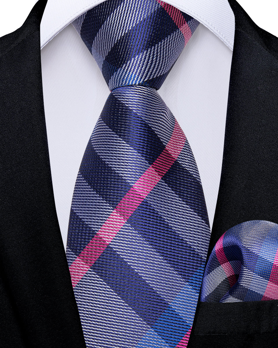Blue Pink Striped Silk Kid's Tie Pocket Square Set