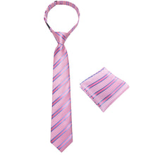 Purple Pink Striped Silk Kid's Tie Pocket Square Set