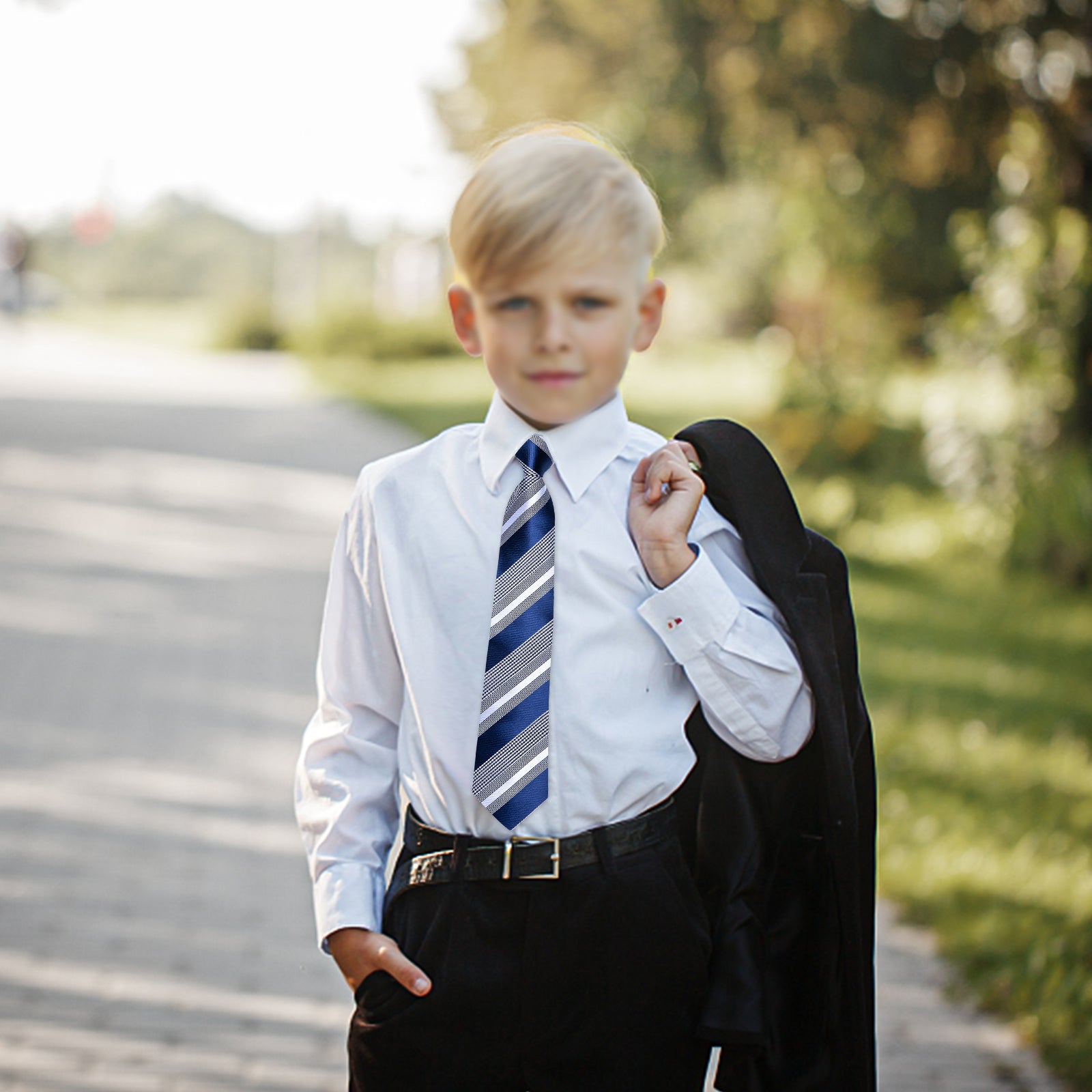 Blue White Striped Silk Kid's Tie Pocket Square Set