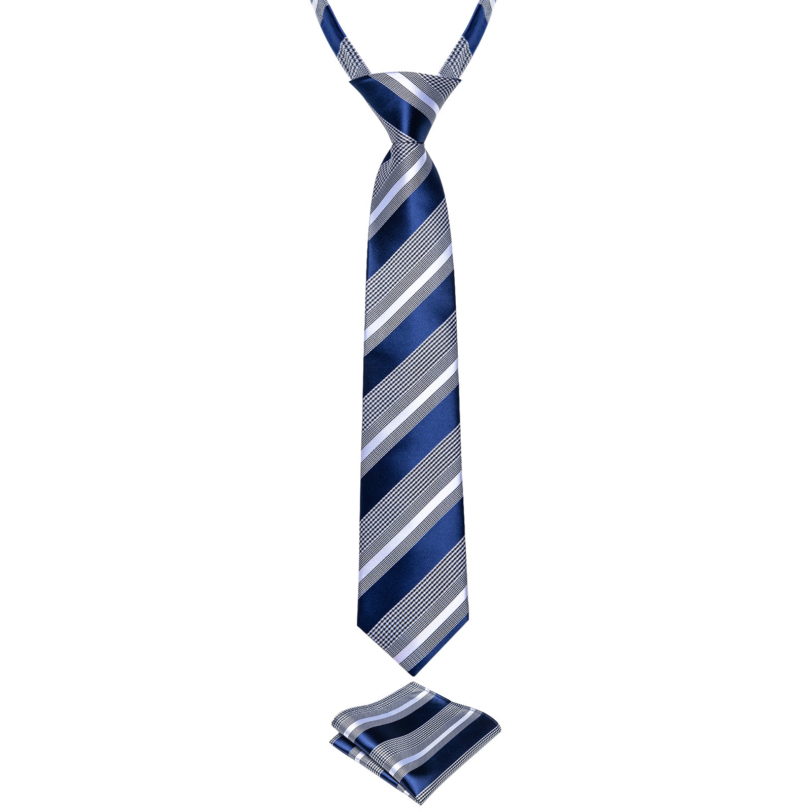Blue White Striped Silk Kid's Tie Pocket Square Set