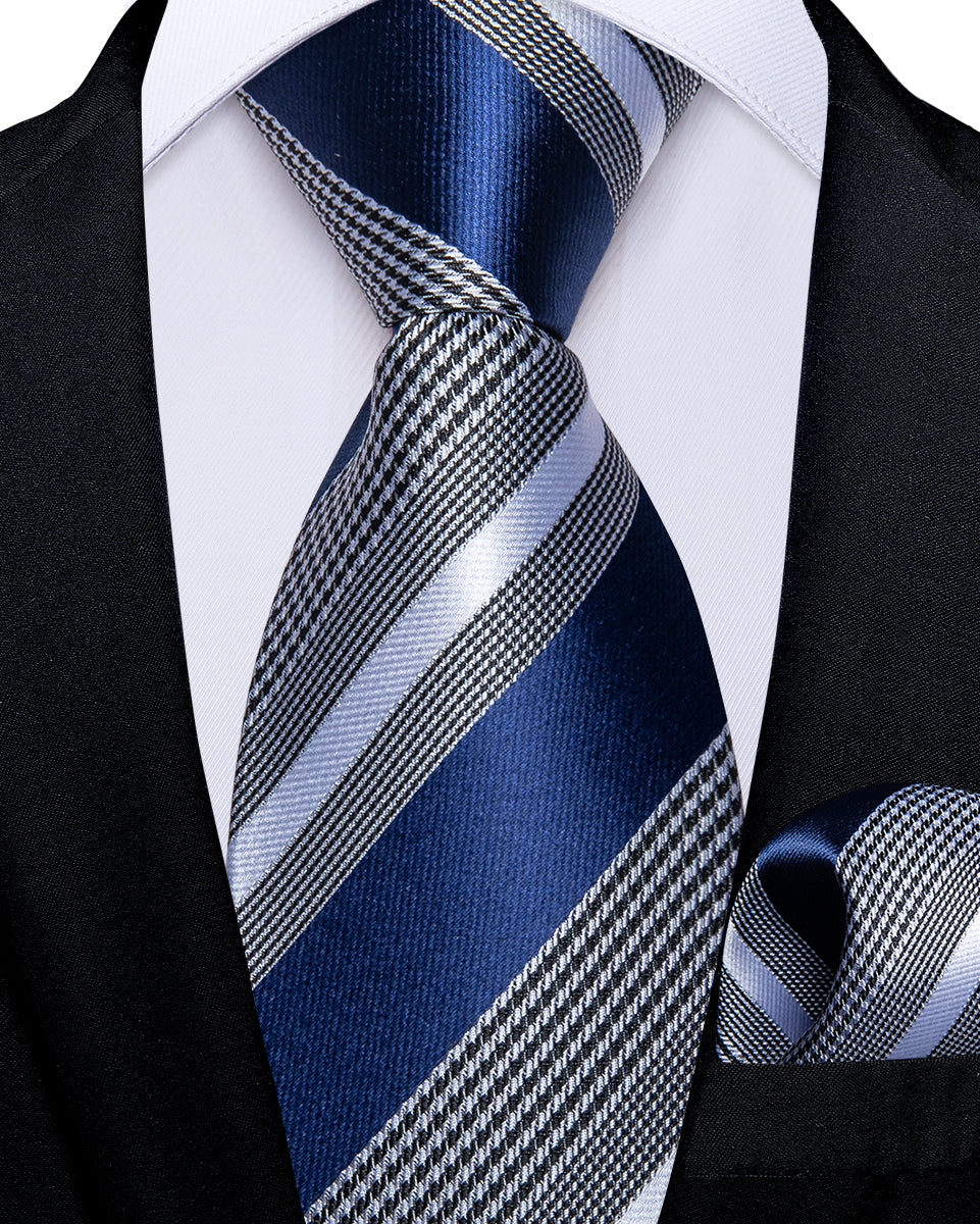 Blue White Striped Silk Kid's Tie Pocket Square Set