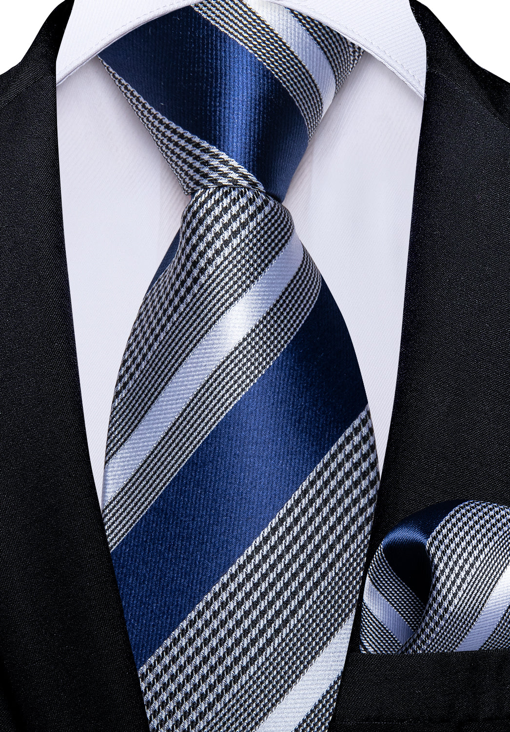 Blue White Striped Silk Kid's Tie Pocket Square Set