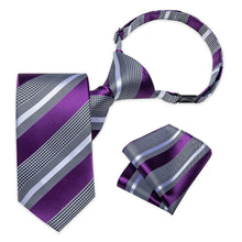 Purple White Striped Silk Kid's Tie Pocket Square Set