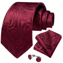 Burgundy red paisley silk tie set with mens tie clip for suit dress