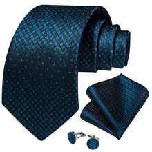 deep blue plaid silk mens tie handkerchief cufflinks set for dress suit