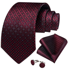 Burgundy red plaid silk mens tie set for business suit