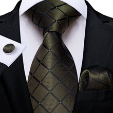 Olive Green Plaid Silk Mens Suit Tie Pocket Square Cufflinks Set