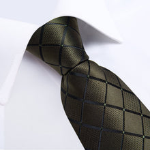 Olive Green Plaid Silk Mens Suit Tie Pocket Square Cufflinks Set