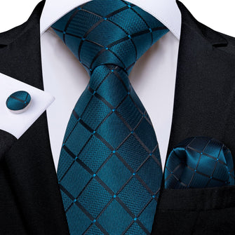 Dress Tie Deep Teal Plaid Men's Silk Tie Pocket Square Cufflinks Set