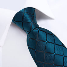 Dress Tie Deep Teal Plaid Men's Silk Tie Pocket Square Cufflinks Set