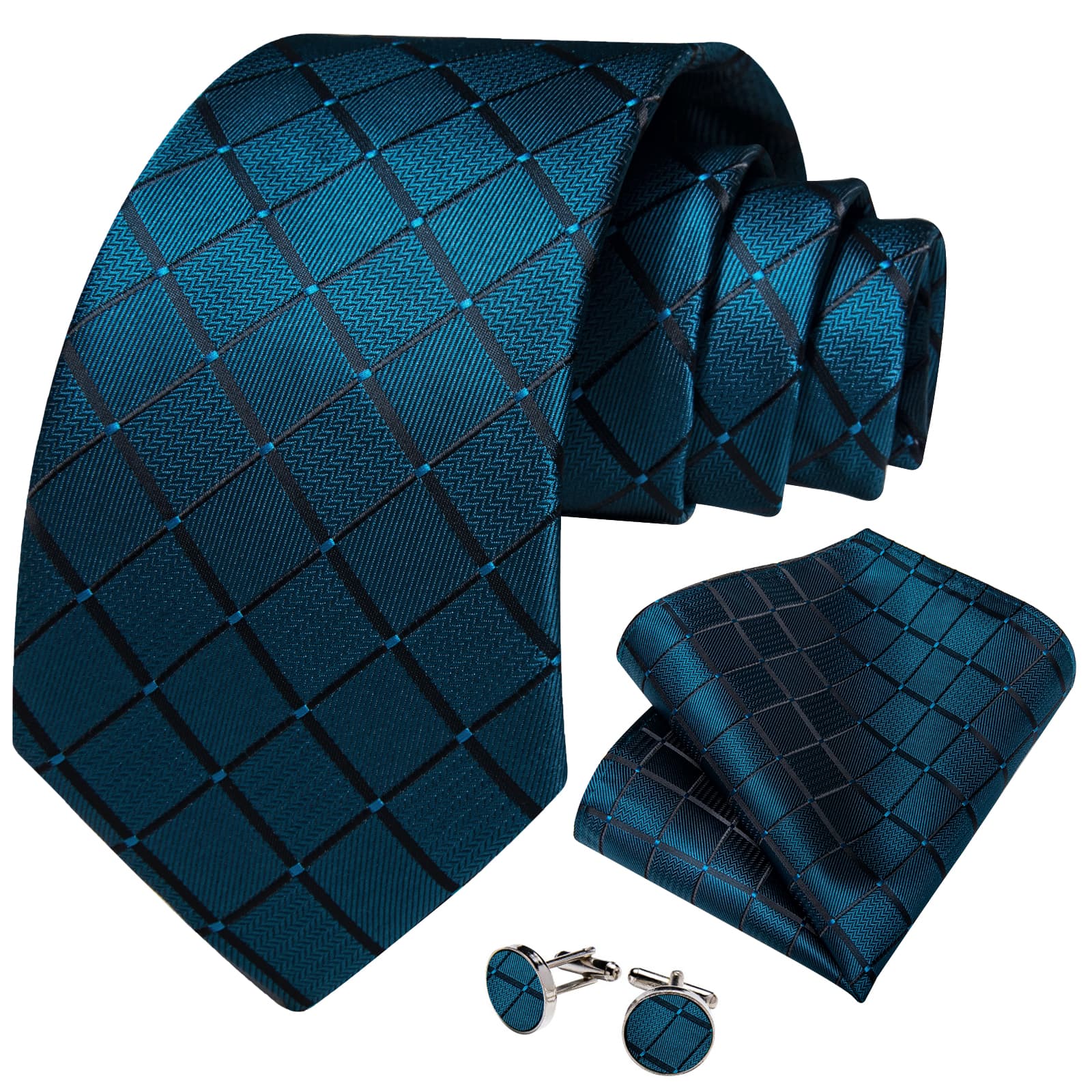 Dress Tie Deep Teal Plaid Men's Silk Tie Pocket Square Cufflinks Set