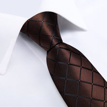 deep brown plaid silk mens tie handkerchief cufflinks set