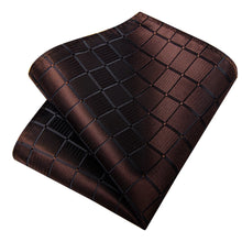 deep brown plaid silk mens tie handkerchief cufflinks set