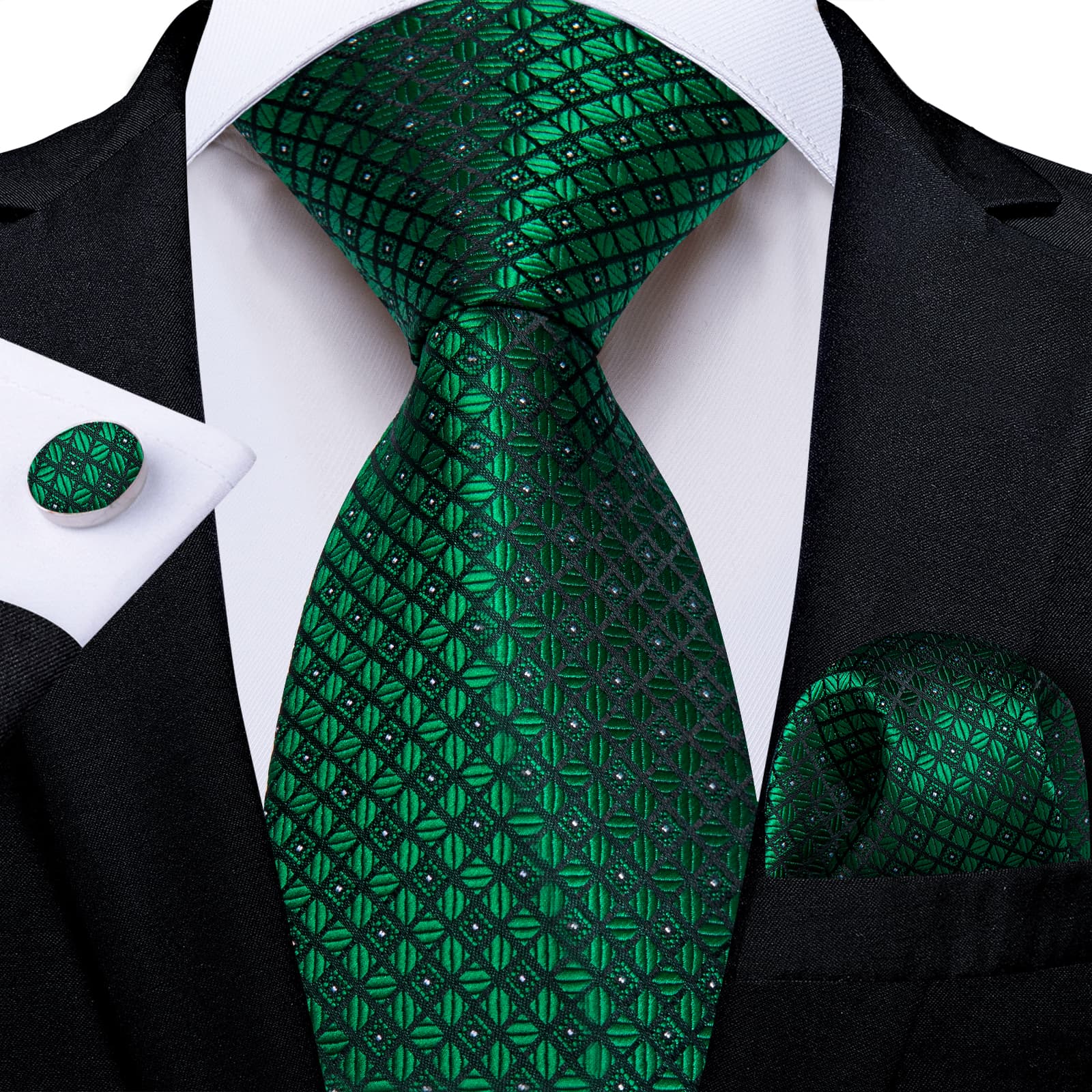Mens Tie Emerald Green Plaid Silk Tie Handkerchief Cufflinks Set for Dress Suit