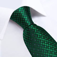 Mens Tie Emerald Green Plaid Silk Tie Handkerchief Cufflinks Set for Dress Suit