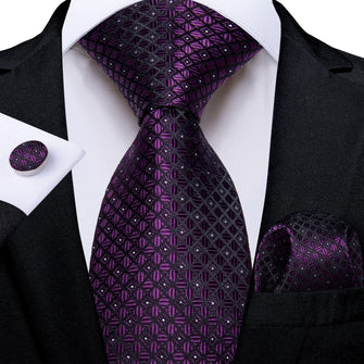 Dress Tie Deep Purple Plaid Men's Silk Tie Handkerchief Cufflinks Set