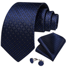 Dress Tie Deep Blue Plaid Men's Silk Tie Handkerchief Cufflinks Set