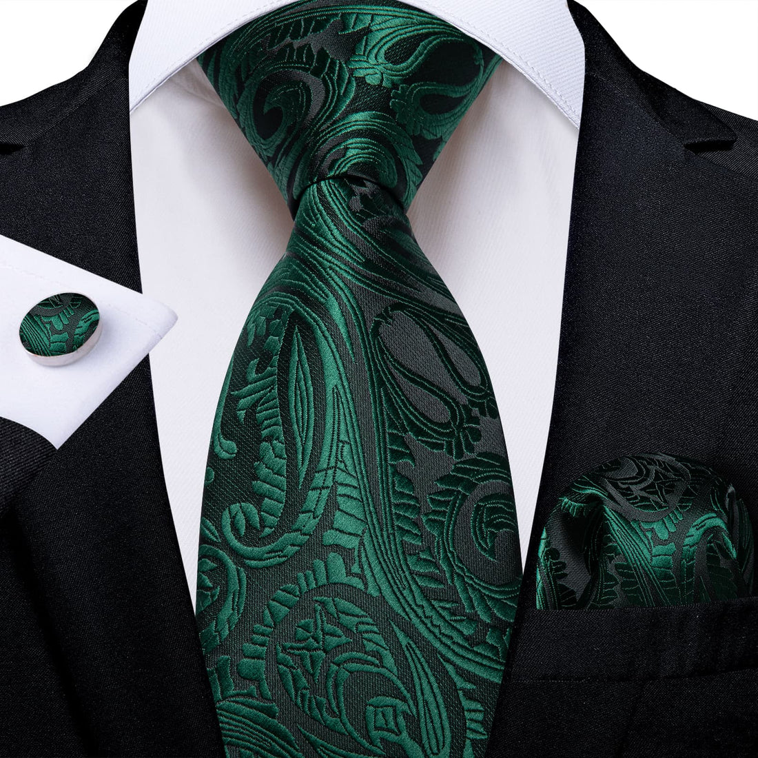 Dress Tie Deep Green Paisley Men's Silk Tie Handkerchief Cufflinks Set