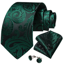 Dress Tie Deep Green Paisley Men's Silk Tie Handkerchief Cufflinks Set