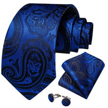 mens silk deep blue black floral tie pocket square cufflinks set for wedding