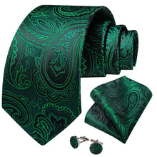 mens classic silk paisley green tie pocket square cufflink set