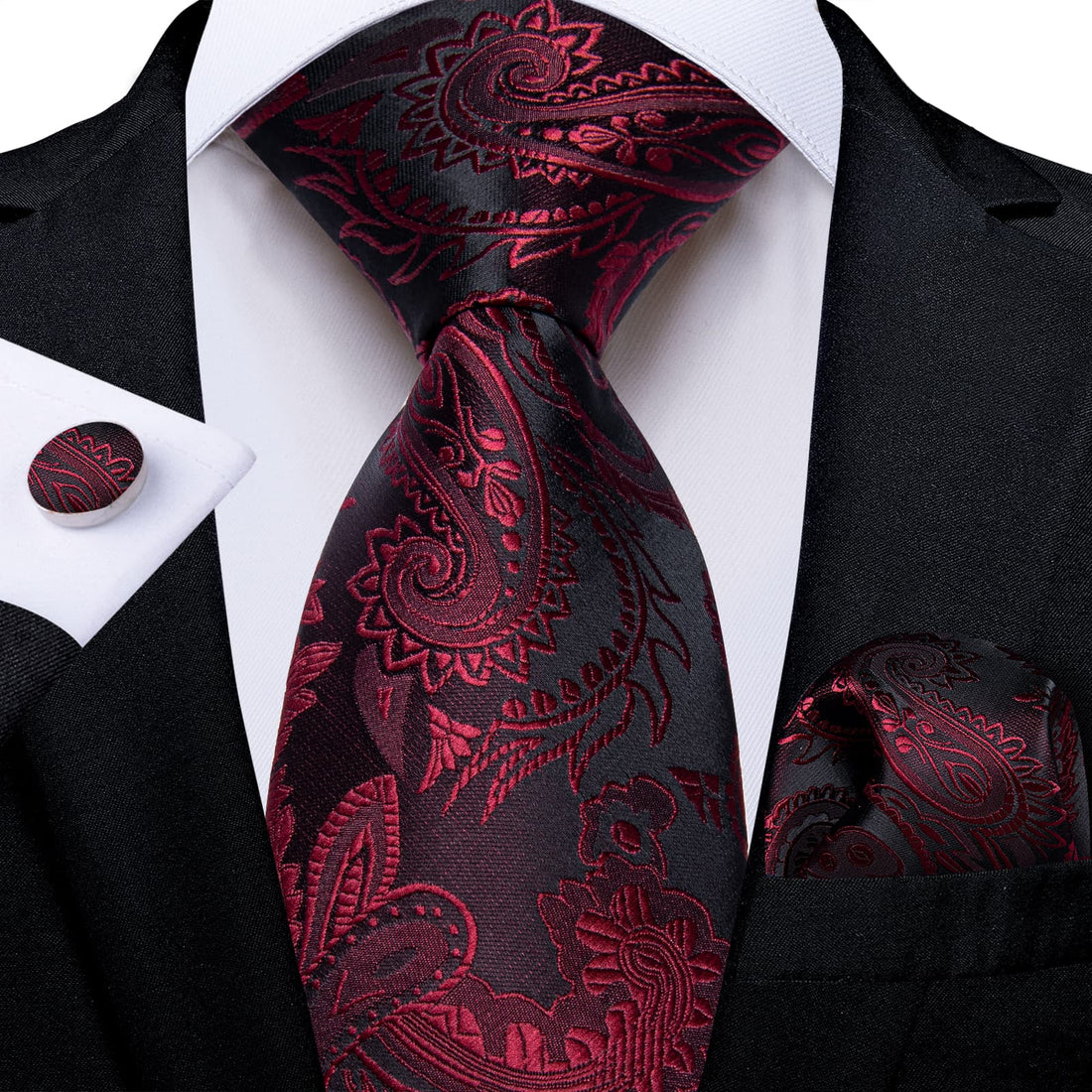 Dress Tie Deep Red Paisley Men's Silk Tie Handkerchief Cufflinks Set