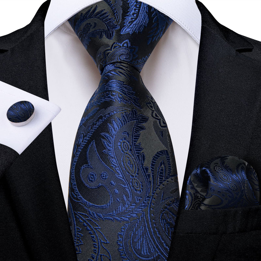 Business Navy Blue Floral Men's Silk Tie Handkerchief Cufflinks Set for Dress Suit