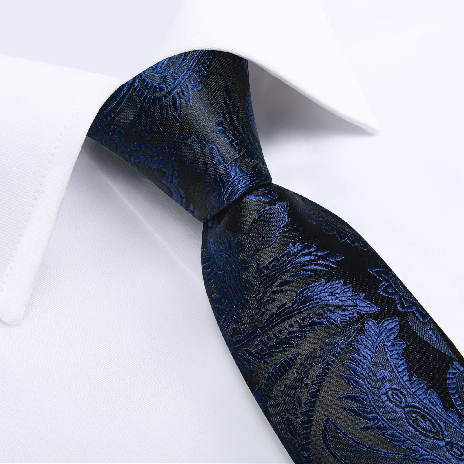 Business Navy Blue Floral Men's Silk Tie Handkerchief Cufflinks Set for Dress Suit