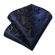 Business Navy Blue Floral Men's Silk Tie Handkerchief Cufflinks Set for Dress Suit