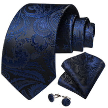 Business Navy Blue Floral Men's Silk Tie Handkerchief Cufflinks Set for Dress Suit